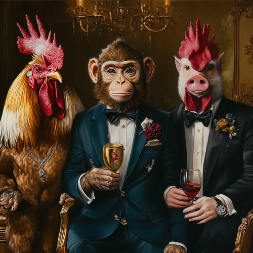 Wealthy animals in fancy clothes at luxury party