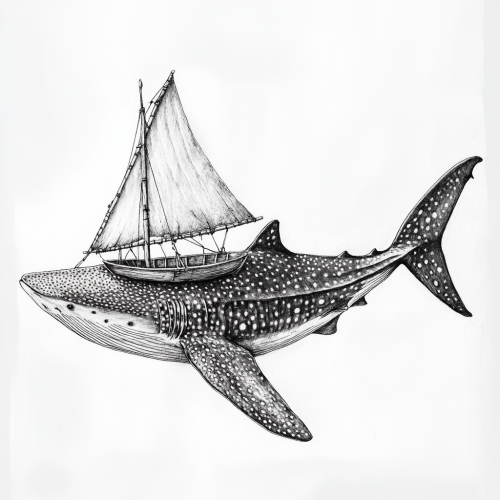 Whale shark with boat sail on its back.