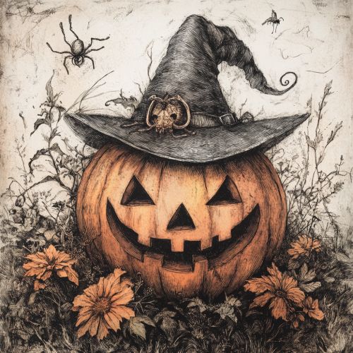 Whimsical Halloween pumpkin with witch’s hat, eerie yet inviting