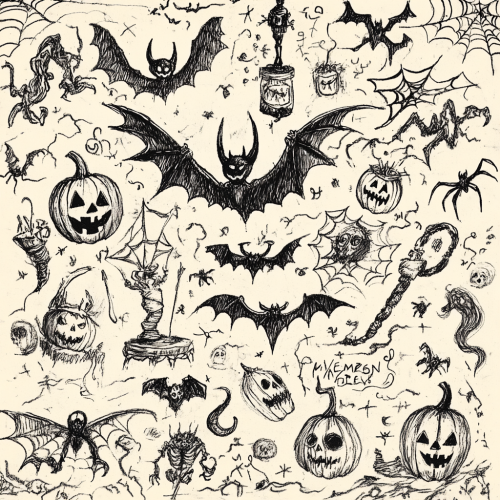 Whimsical Halloween scene with detailed characters and trinkets Whimsical Halloween scene with detailed characters and trinkets
