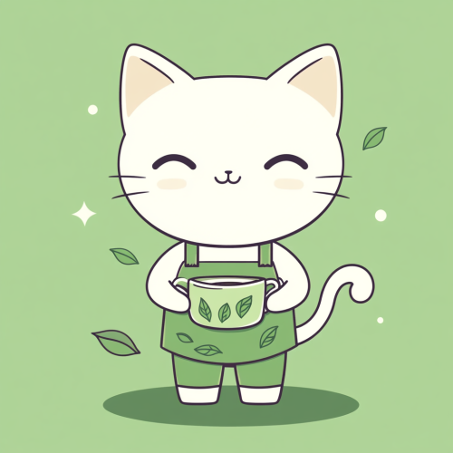 Whimsical cat barista with tea leaves face design