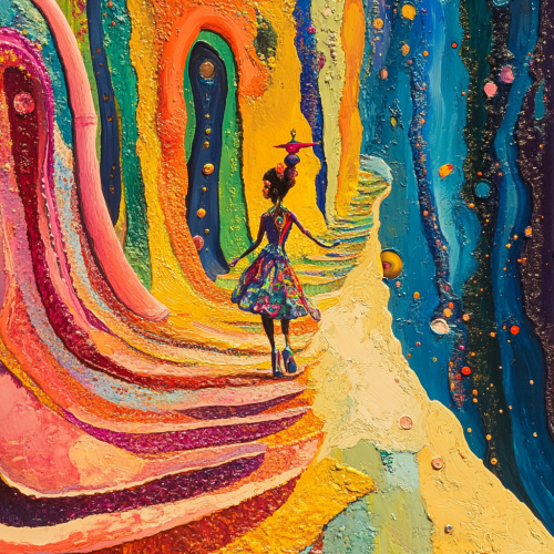 Whimsical female superhero in wonderland of sensory inputs