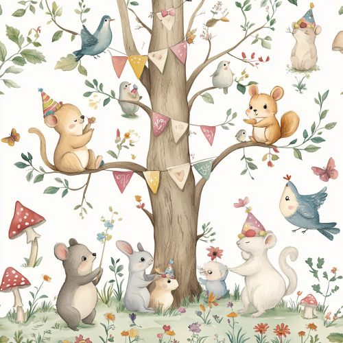 Whimsical forest scene with cute animals in party hats.