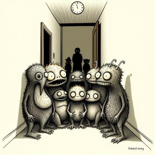 Whimsical monsters in eerie calmness gather together.