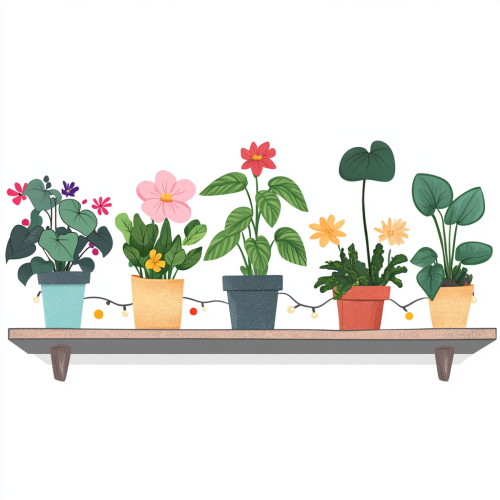 Whimsically illustrated Filipino flowers and houseplants on shelf.