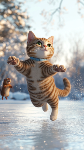 Whiskers the Tabby Cat Sliding on Ice