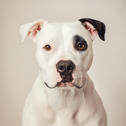White American Staffordshire with black patch sitting, looking camera.