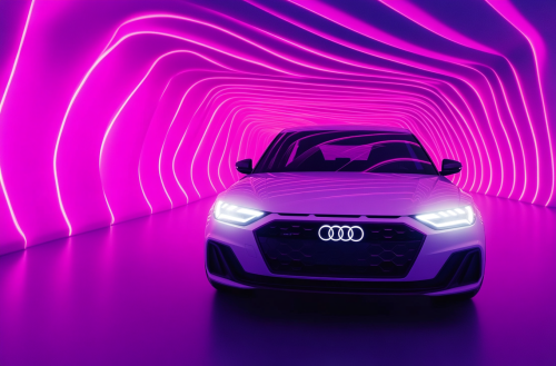White Audi A1 in front of colorful background