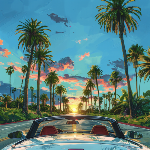 White BMW convertible driving towards sun on horizon.