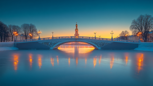 White bridge in St. Petersburg with fortress tower at night.