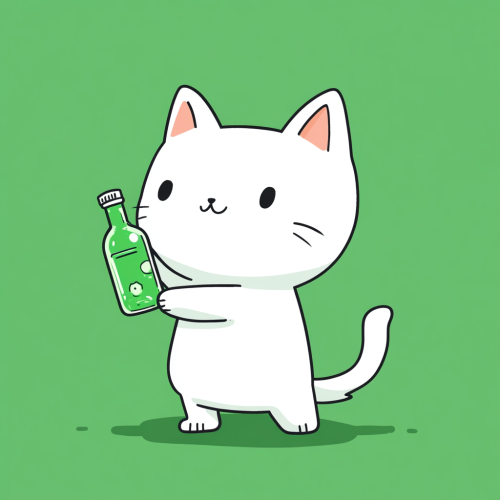 White cat posing with bottle on green background anime-style.
