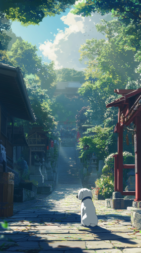 White dog enjoying Nikko temples and shrines in anime style.