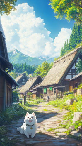 White dog in Shirakawa-go village, Japan. Bright sun.