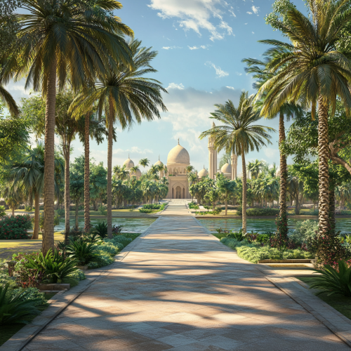 Wide empty park with historical island on river.