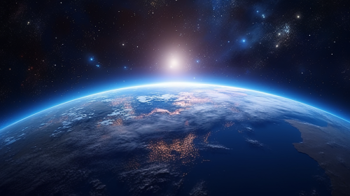 Wide shot of planet Earth with blue glow.