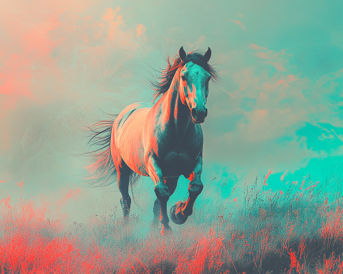 Wild horse runs on grassy hill with flowing mane.