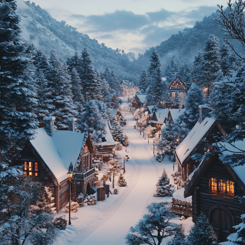 Winter Wonderland Village with Mountain View at Dusk