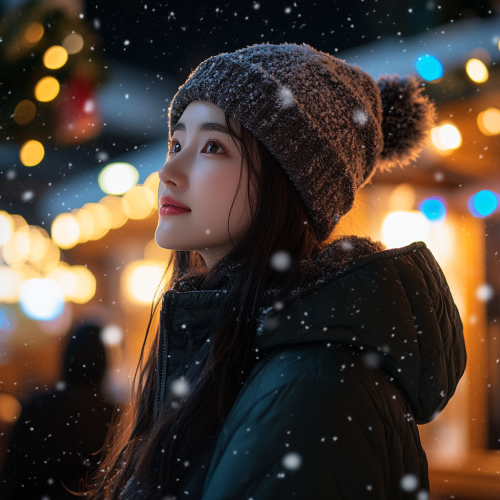Winter night in a snowy Nordic town, festival square