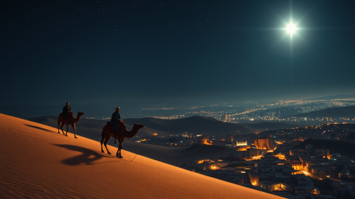 Wise Men on Camels Overlooking Distant Bethlehem