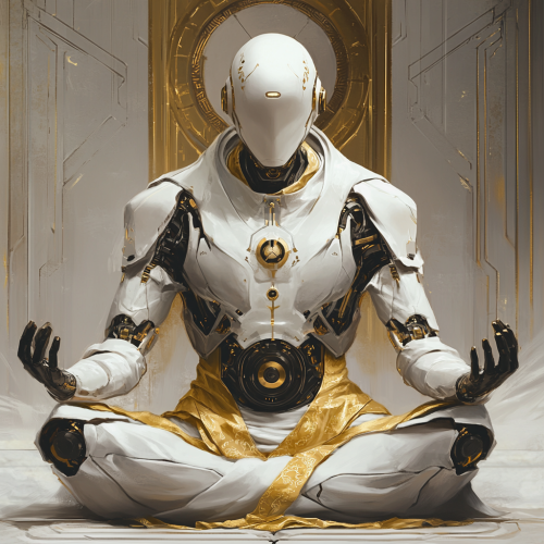 Wise robot guru in white armor meditating peacefully.