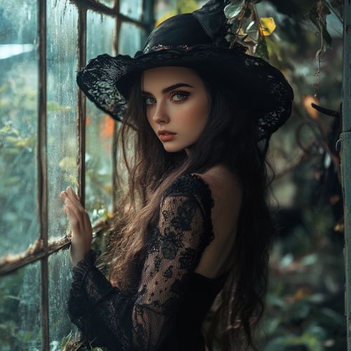 Witch Observing Greenhouse through Window