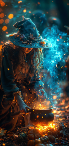 Witch brewing potion in cauldron under night sky