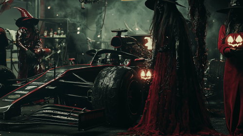 Witches Painting a Halloween Themed Formula One Car