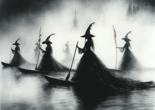 Witches on Boats in Misty Lake