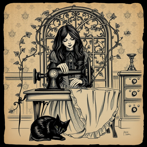 Witchy Woman Sewing Victorian Style with Black Cat