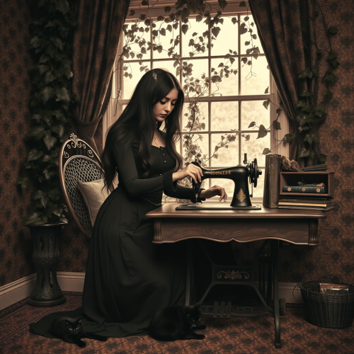Witchy Woman Sewing with Cat in Victorian Room