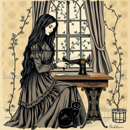 Witchy Woman Sewing with Sleeping Cat