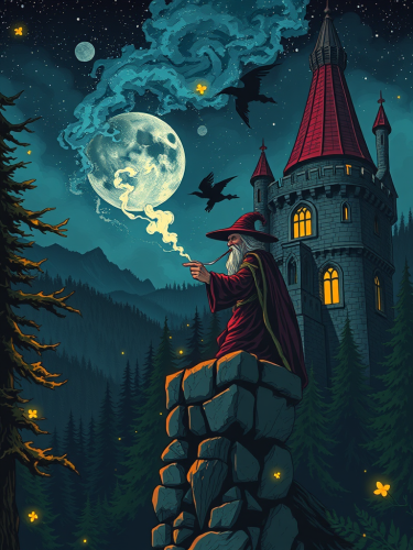 Wizard Smoking on Forest Castle Wall, Night Sky