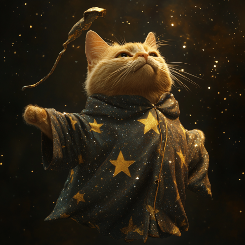 Wizard cat in starry robe floats whimsically. Wizard cat in starry robe floats whimsically.
