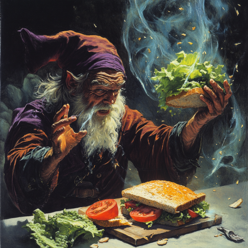 Wizard making magical sandwich with floating ingredients