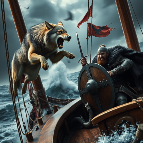 Wolf Attacking Viking on Stormy Ship Voyage