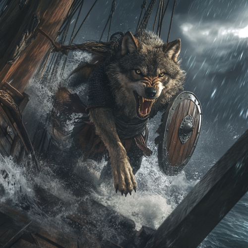 Wolf attacks Viking ship in stormy weather