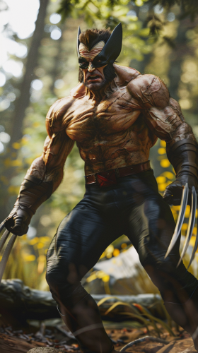 Wolverine in forest, claws out, intense eyes, powerful stance