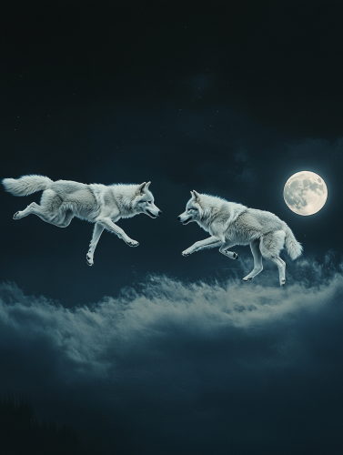 Wolves chasing sun and moon in dark sky
