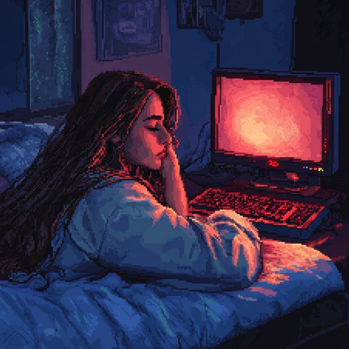 Woman Relaxing in Neon Lit, Film Noir Bedroom