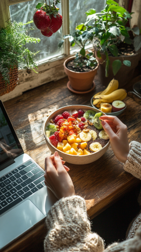 Woman arranging smoothie bowl in cozy breakfast nook