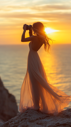 Woman captures sunset on cliff with camera