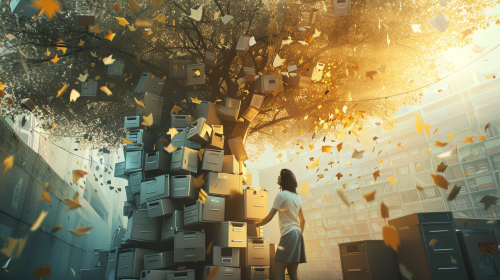 Woman climbing desk tree, golden leaves symbolize success. Woman climbing desk tree, golden leaves symbolize success.