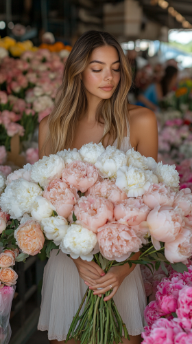 Woman holding colorful bouquet at flower market