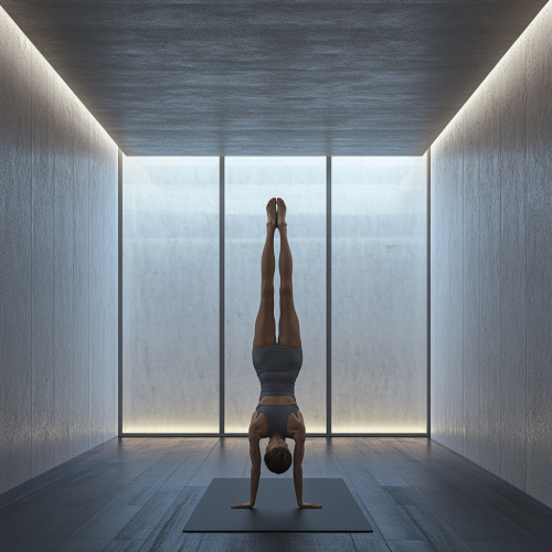 Woman in 40s does headstand in sleek yoga studio