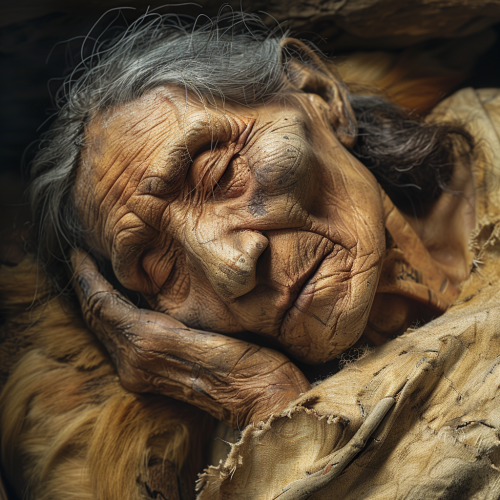 Woman in Prehistoric Era Sleeping: Grey Hair, Shaved Head