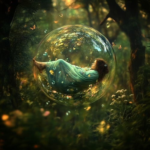 Woman in bubble: serene in colorful forest, dark beyond.