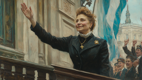 Woman in forties waving from balcony, successful political career