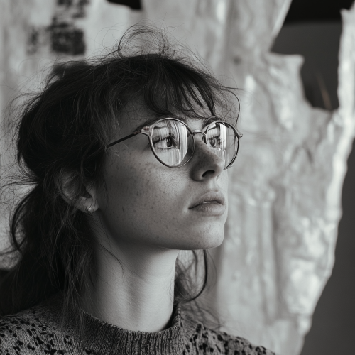 Woman in front of brutalist earthship, cinematic softlight, suprematism.