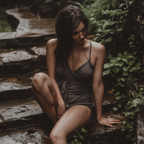 Woman in grey dress smiling on rainy stairs