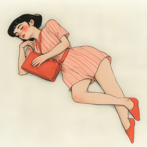 Woman in pink pajamas, holding red bag, wearing slippers.